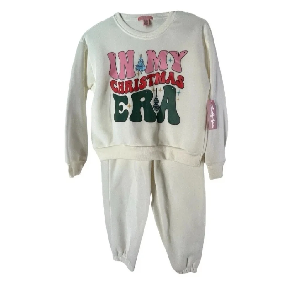Lucky You In MyChristmas Era Off-White HolidaySweatsuit – Girls Size M (10)-L(12